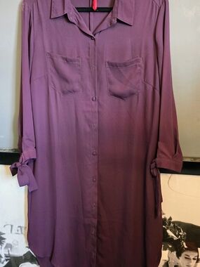 Semi-Sheer Tie-Sleeve Shirt Dress in Deep Plum sz L NwoT